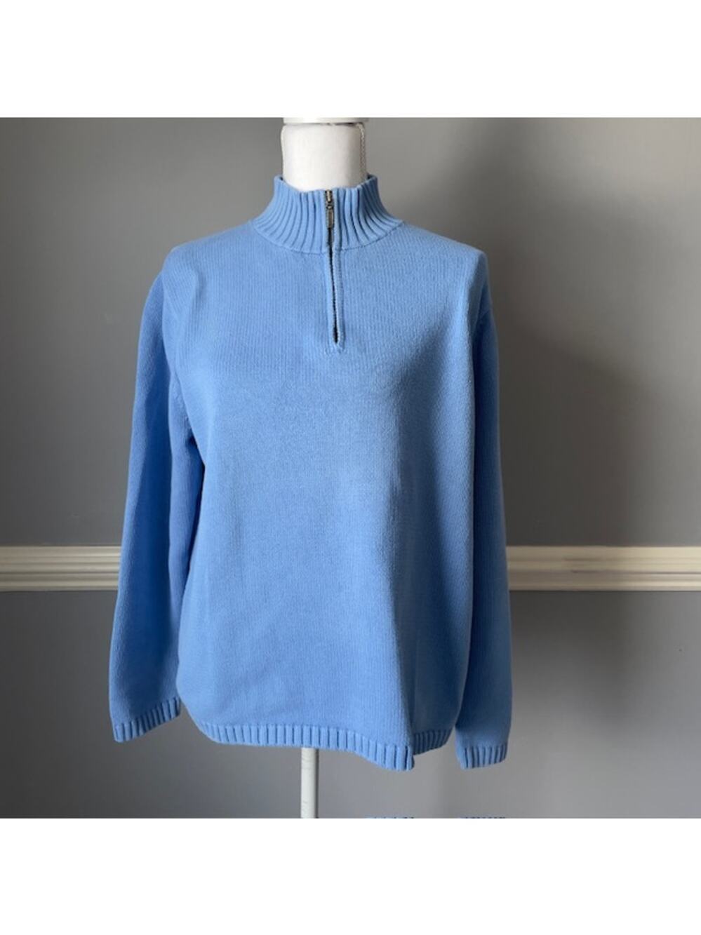 L. L. Bean Women Sweater Blue Mock Neck Cotton Large Pullover Zip Heritage